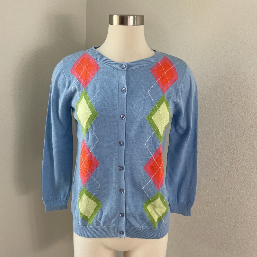 August‎ Silk Womens Small Button Up Blue Argyle Cardigan Sweater Cotton